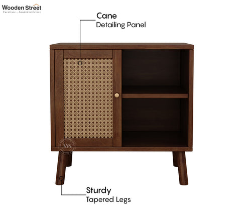 Carmello Mango Wood Bedside Table with Cane Detailing & Open Shelves (Teak Finish)
