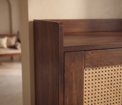 Vithiya Premium Solid Wood Shoe Rack With Cane Detailing (Mango Wood, Teak Finish)