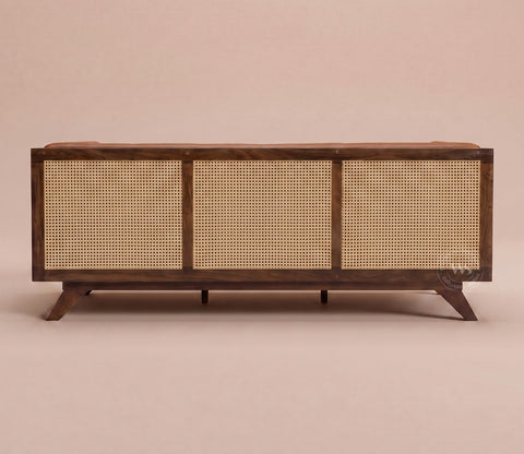 Samvaad 3 Seater Sofa with Cane Accents (Leatherette, Ginger Bread)