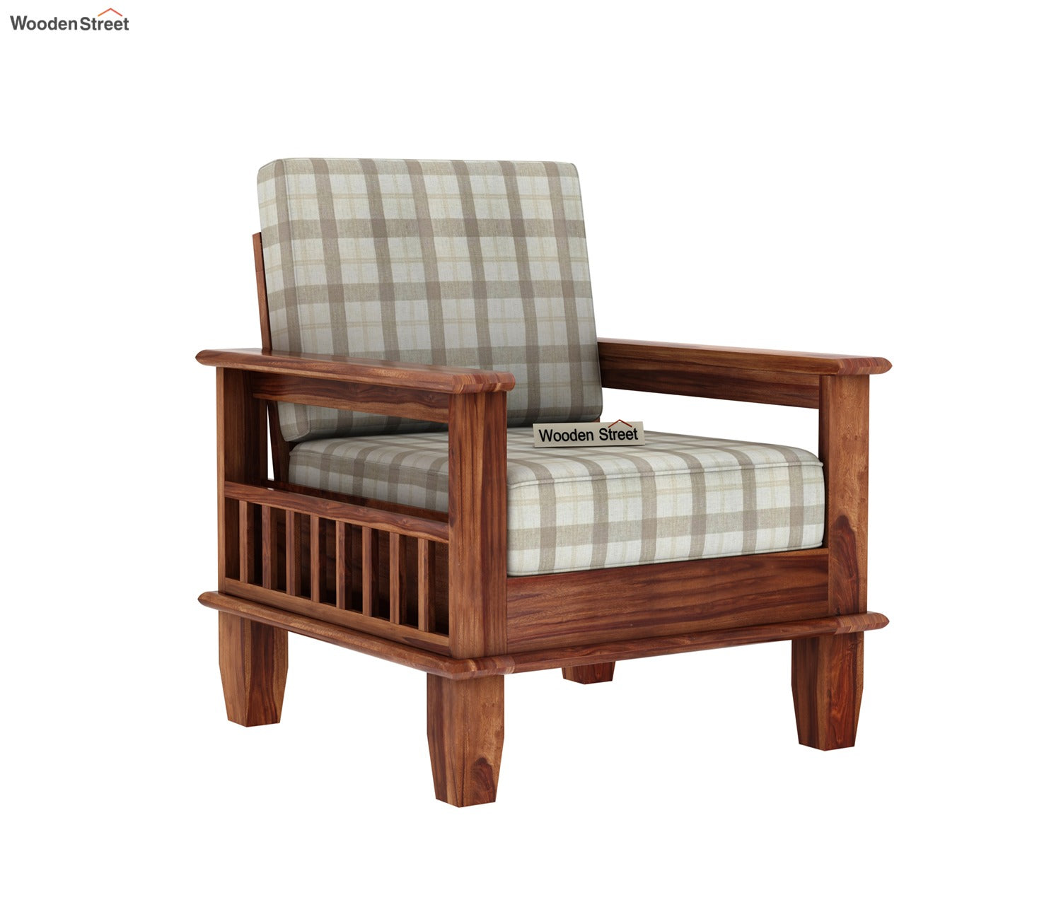 Quartz Printed Fabric Wooden Sofa Chair (Honey Cream Checkered)