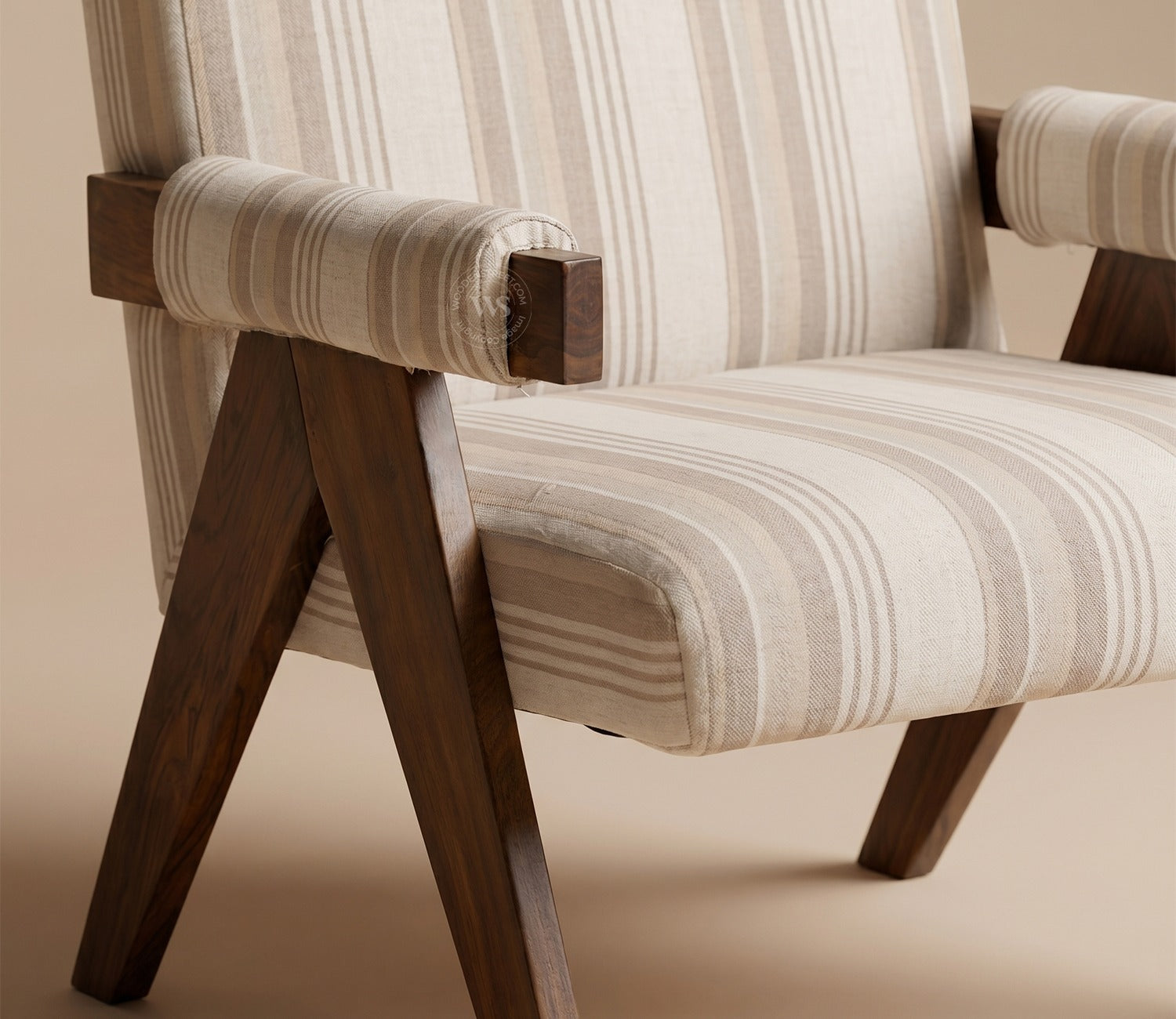 Troupe Sheesham Wood Chandigarh Chair with Premium Upholstery (Cream Stripes, Teak Finish)