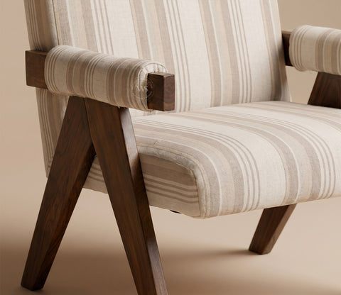 Troupe Sheesham Wood Chandigarh Chair with Premium Upholstery (Cream Stripes, Teak Finish)
