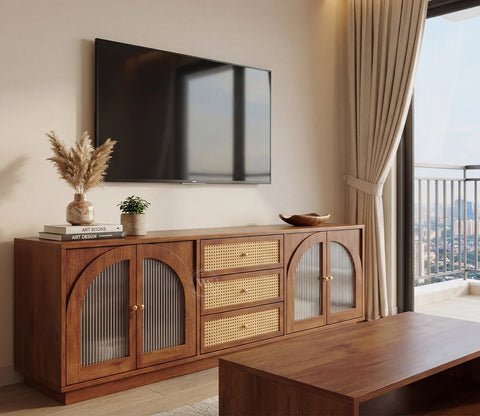 Windsor Premium Mango Wood TV Unit with Fluted Glass Panel Door Cabinets, Cane Detailing (Teak Finish)