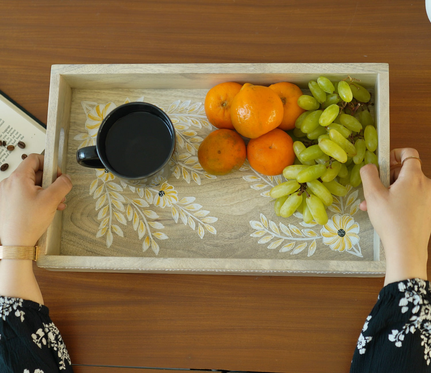 Adiva Floral Hand Painted Wooden Rectangle Serving Tray
