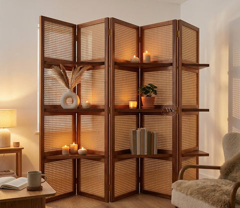 Aakaar Sheesham Wood Foldable Room Divider with Cane Weave & Open Shelves - 5 Panel Partition Screen