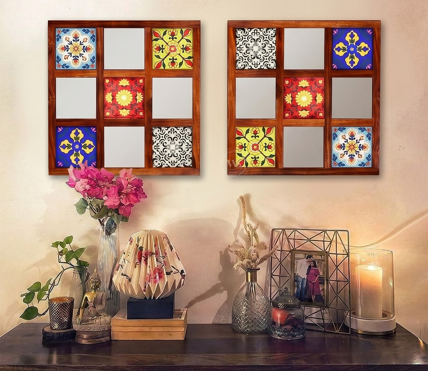 Bohemian Set of 2 Mirror with Frame (Honey Finish)
