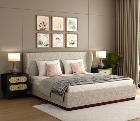 Adhiraj Luxurious Fabric Box Storage Bed with Plush Wingback Headboard (King Size, Pavilion Trellis Stone)