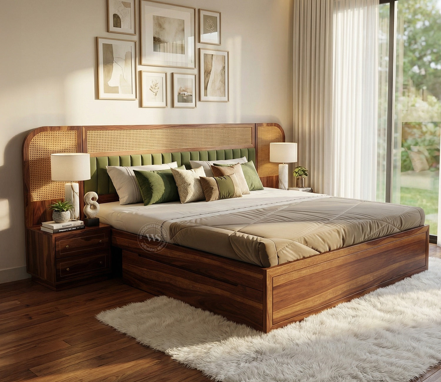 Serah Premium Sheesham Wood Bed with Cane & Velvet Headboard, Drawer Storage & 2 Modular Bedside Tables (King Size, Teak Finish)
