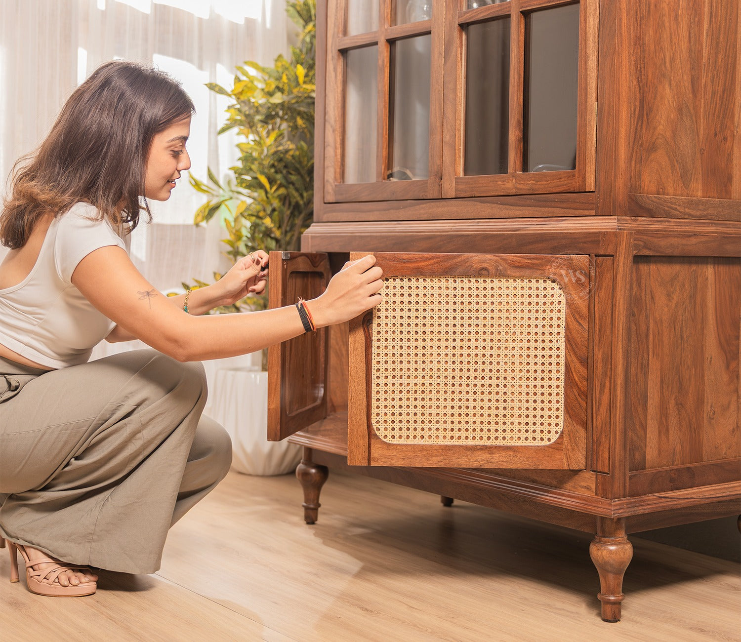 Taksha Sheesham Wood Kitchen Cabinet with Glass Doors & Cane Accent (Teak Finish)