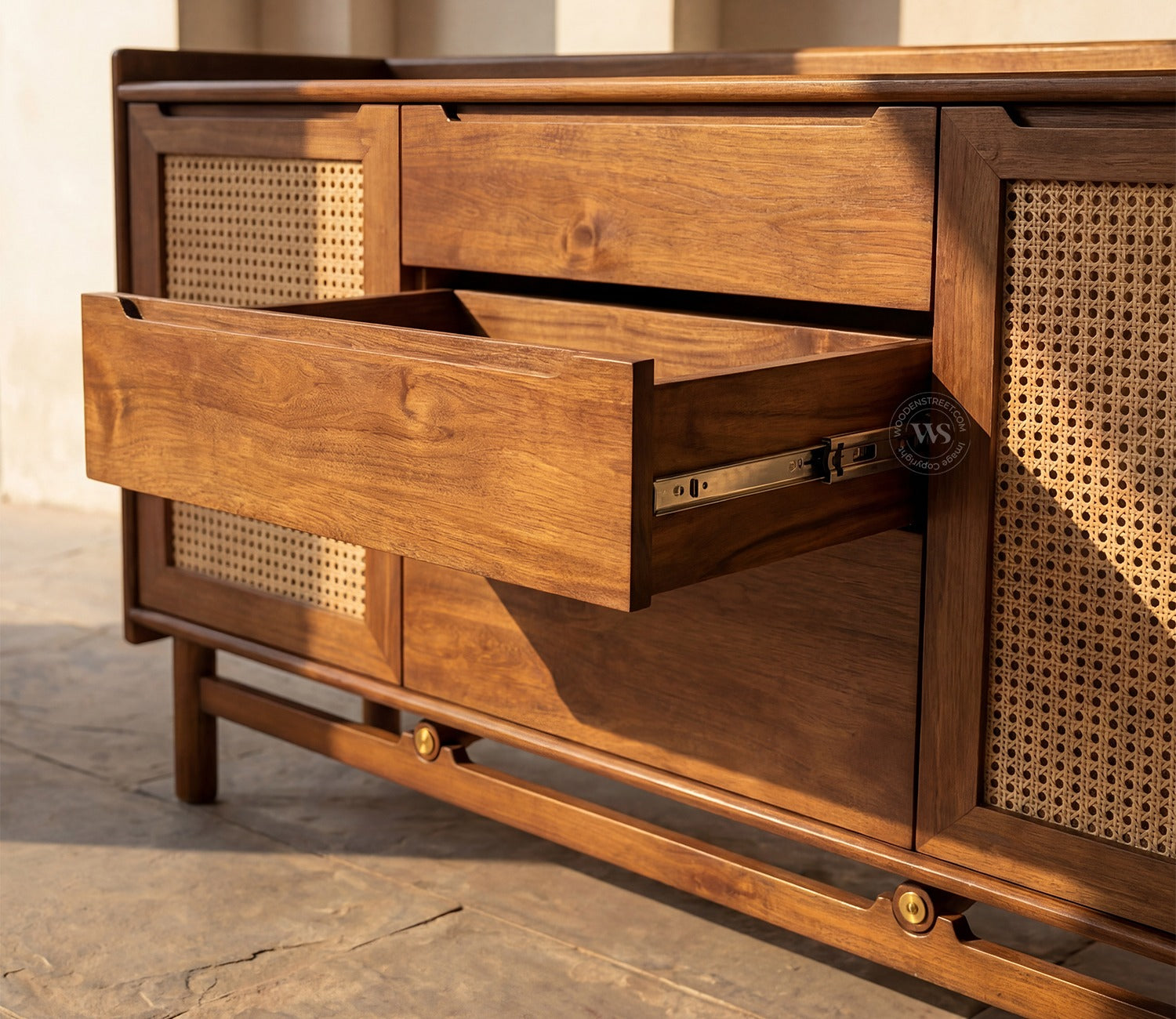 Ishana Mango Wood Designer Cabinet with Cane Detailing (Teak Finish)