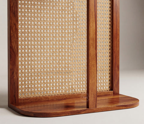Aakruti Arch Sheesham Wood Single Panel Room Divider with Cane Weave & Open Shelf - Freestanding Partition Screen