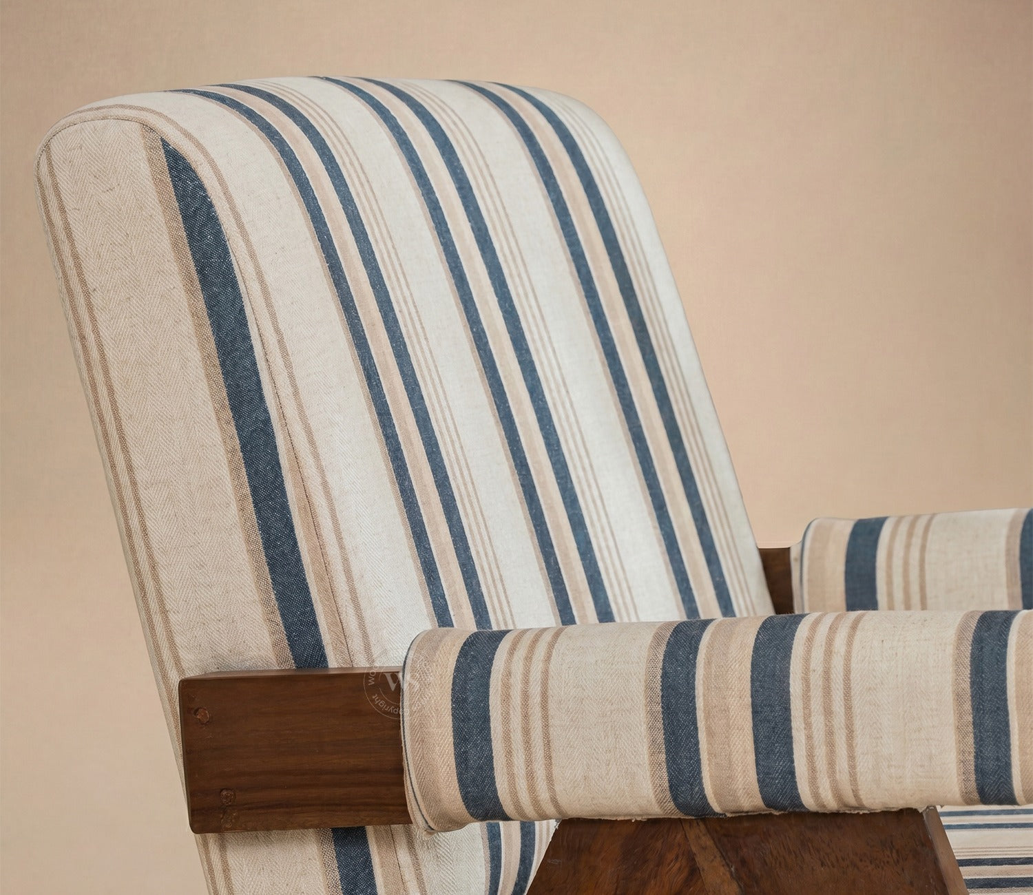 Troupe Sheesham Wood Chandigarh Chair with Premium Upholstery (Blue Stripes, Teak Finish)