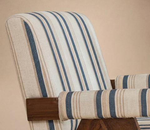Troupe Sheesham Wood Chandigarh Chair with Premium Upholstery (Blue Stripes, Teak Finish)