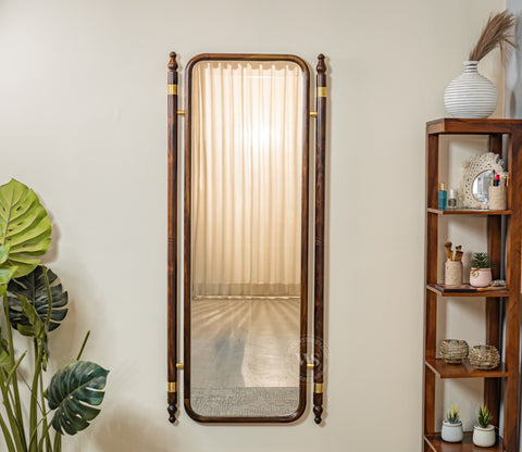 Skyler Antique Sheesham Wood Full Length Mirror With Brass Design (Walnut Finish)