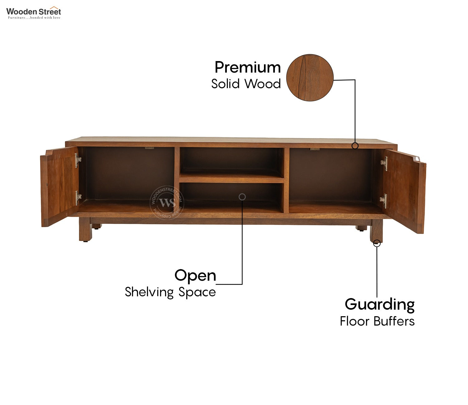 Vertex Mango Wood TV Unit with Inbuilt Cutout Handle Cabinets (Teak Finish)
