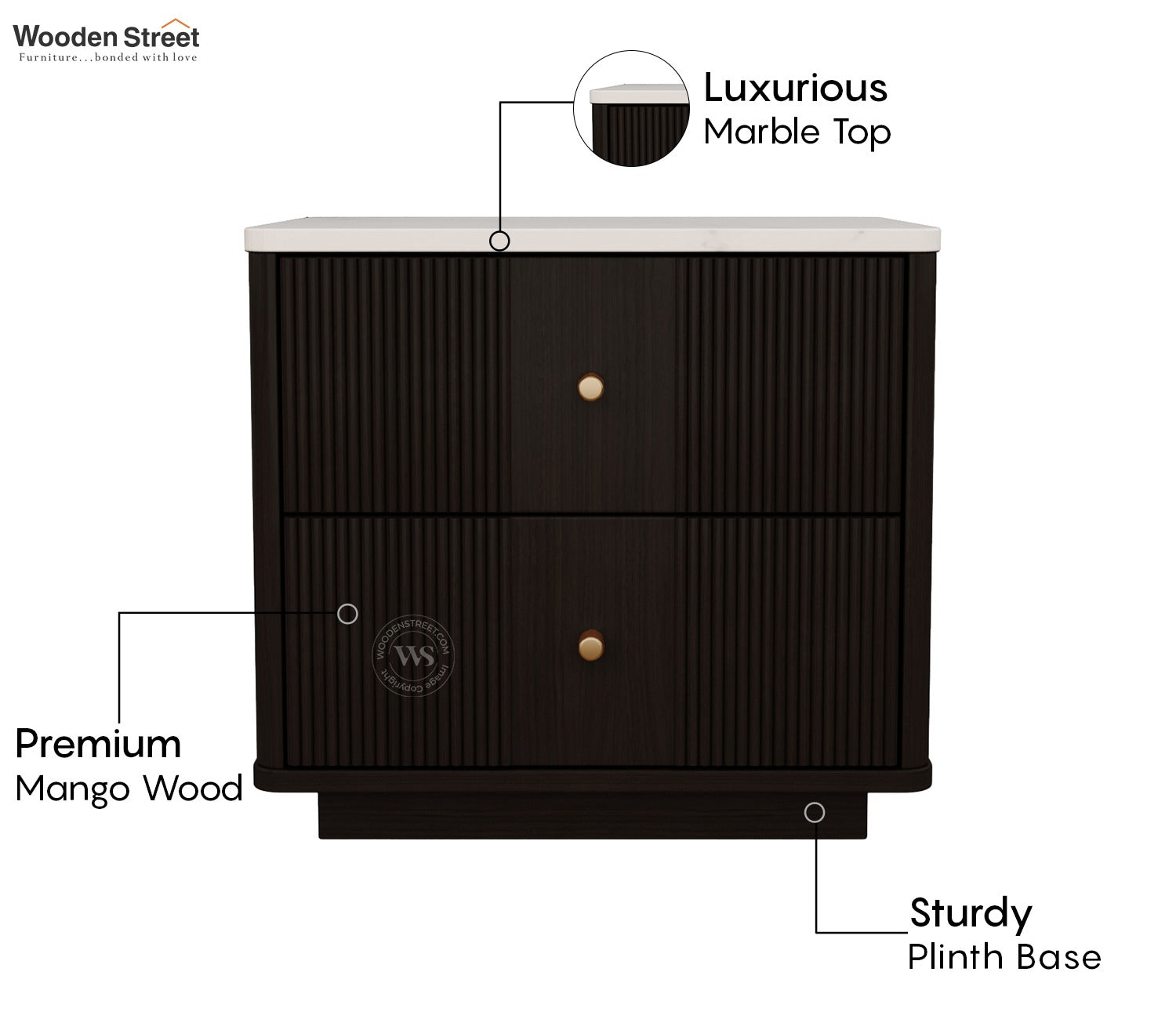 Kesarth Mango Wood Bedside table with Marble Top & Storage (Black Finish)
