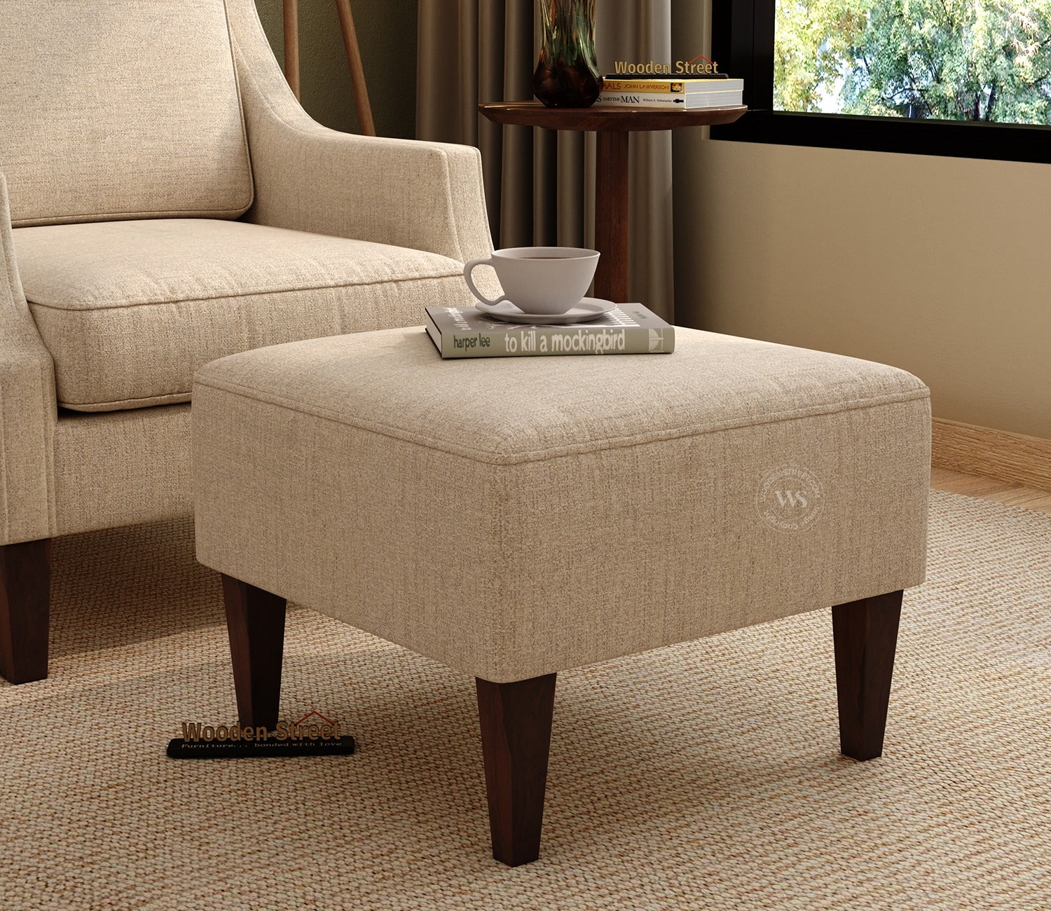 Minerva Premium Upholstered Ottoman Stool With Wooden Legs (Jade Ivory, Walnut Finish)