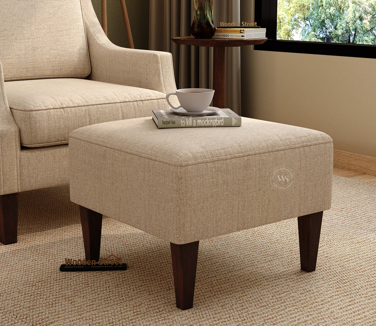Minerva Premium Upholstered Ottoman Stool With Wooden Legs (Jade Ivory, Walnut Finish)