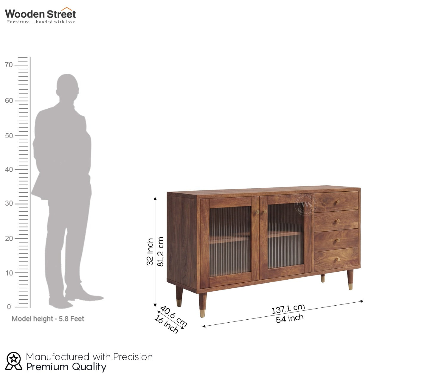 Briska Mango Wood Cabinet with Fluted Glass & Drawer Storage (Teak Finish)