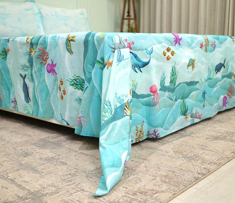 Seashore Flat Cotton Kids Bed Sheet King Size with 2 Pillow Covers