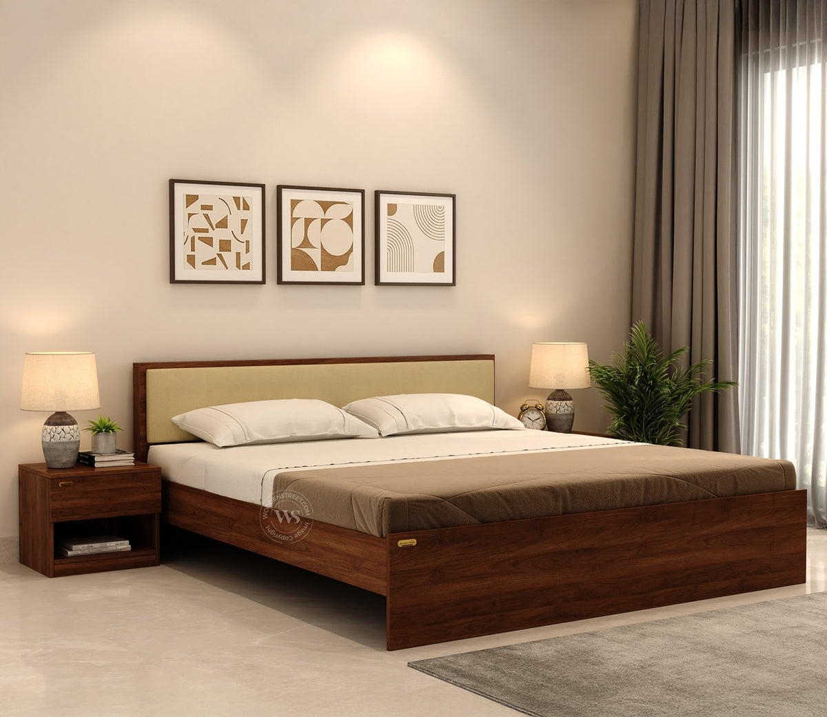 Clemency Bed with Cushioned Headboard Without Storage (Queen Size, Columbian Walnut Finish)