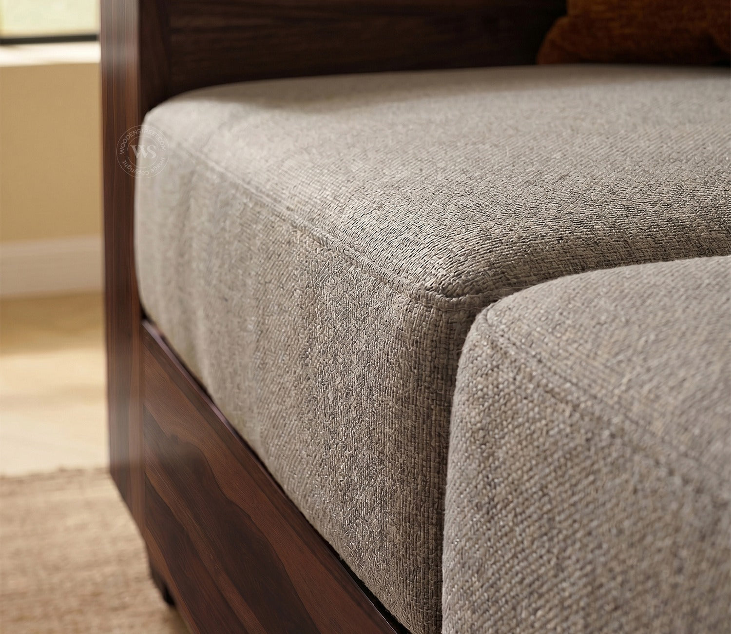 Solace L-Shape Right Aligned 4 Seater Sheesham Wood Sofa (Walnut Finish, Warm Grey)