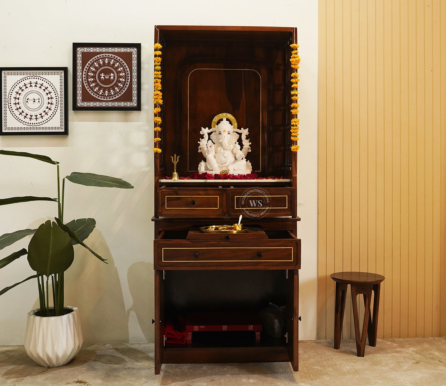 Daivik Sheesham Wood Home Temple with Brass Detailing (Teak Finish)