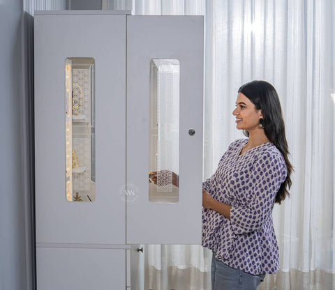Atharv Engineered Wood Home Temple With Inbuilt LED Light System (White Finish)