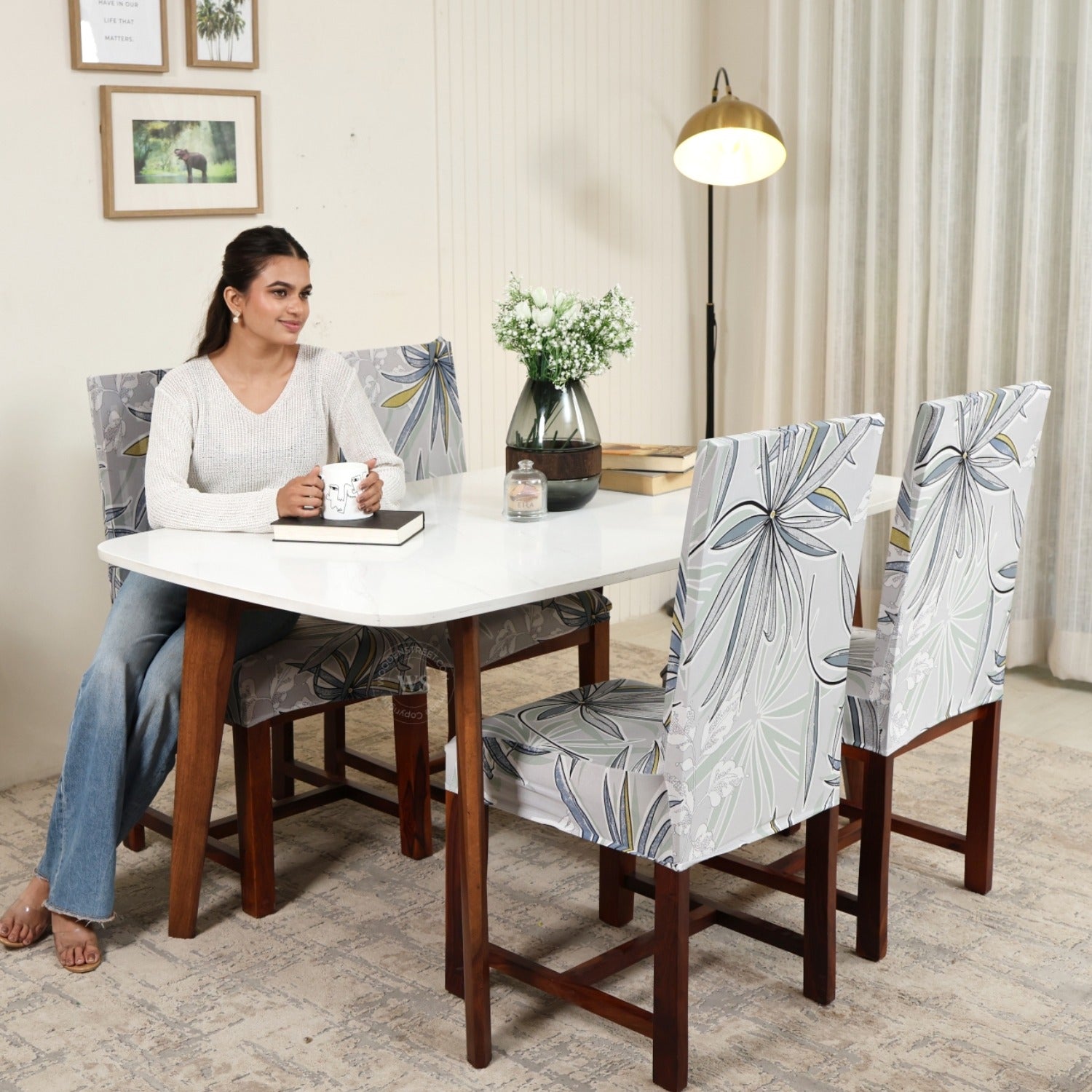 Cassia Floral Printed Polyester Spandex 4 Piece Chair Cover (Grey)
