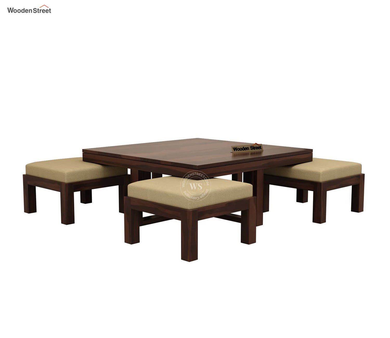 Reid Sheesham Wood Coffee Table with Four Cushioned Stools (Walnut Finish)
