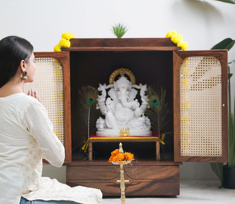 Amogh Sheesham Wood Home Temple with Cane Doors & Drawer Storage (Teak Finish)