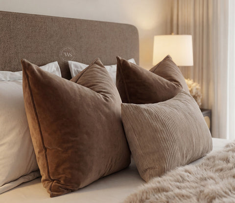 Andreas Premium Fabric Bed with Curved Headboard & Without Storage (Queen Size, Sand Brown)