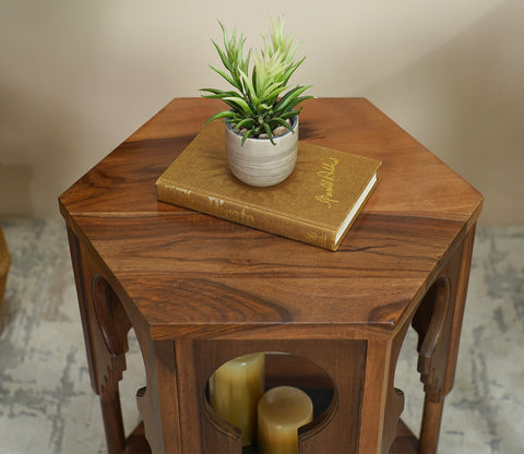 Samiha Sheesham Wood Carved Side End Table (Teak Finish)