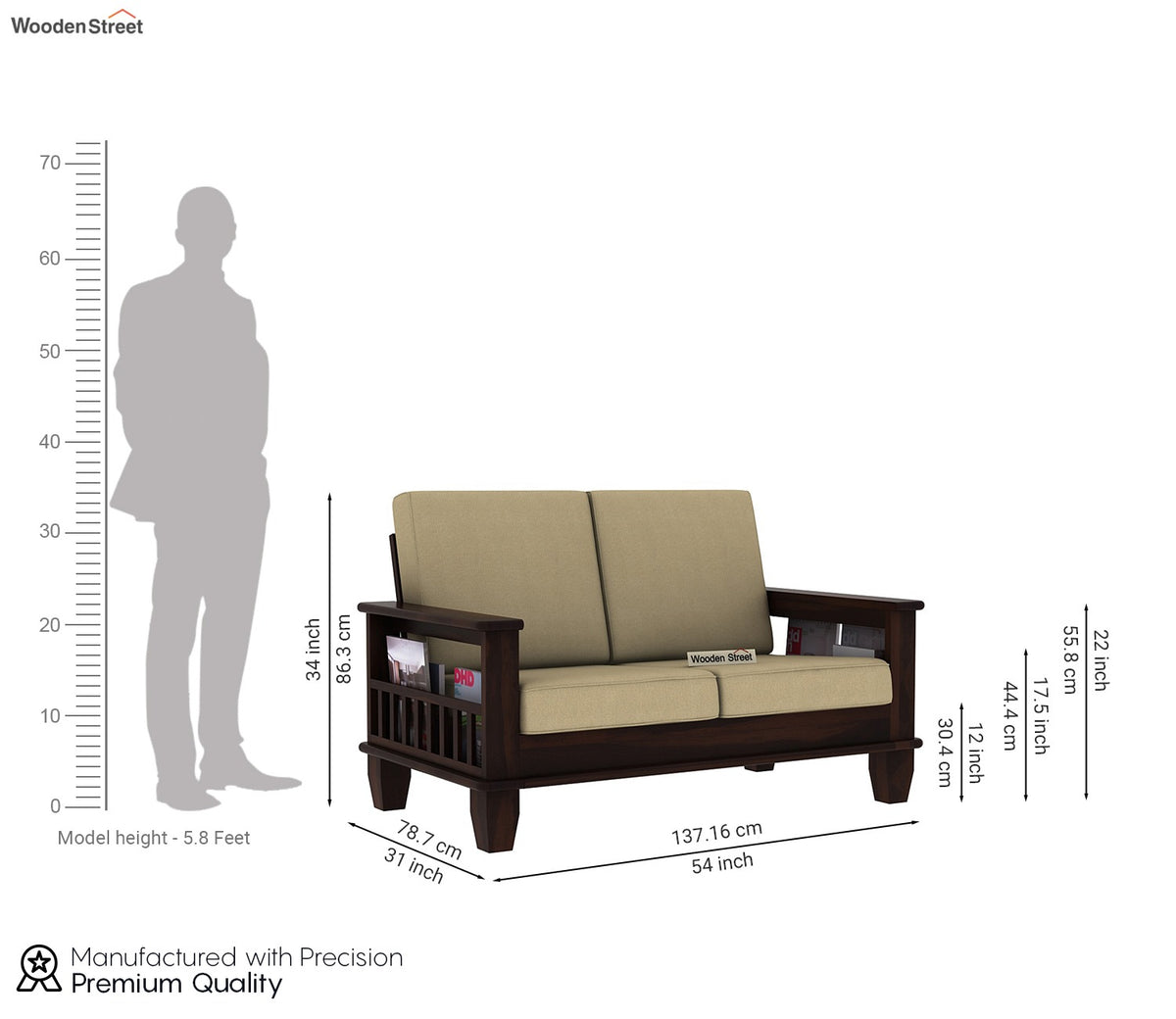 Quartz 2 Seater Wooden Sofa (Walnut Irish Cream)