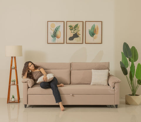 Bruna 3-Seater Convertible Sofa Cum Bed | Pull-Out Mechanism | Adjustable Backrest | Premium Fabric Upholstery | Space-Saving Design (Beige)