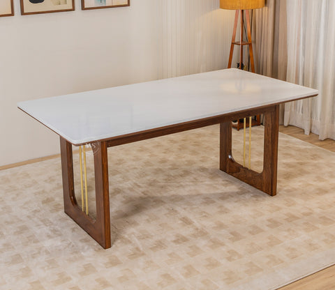 Mishaan Designer 6 Seater Sheesham Wood Dining Table with Quartz Top with Brass Accent (Teak Finish)