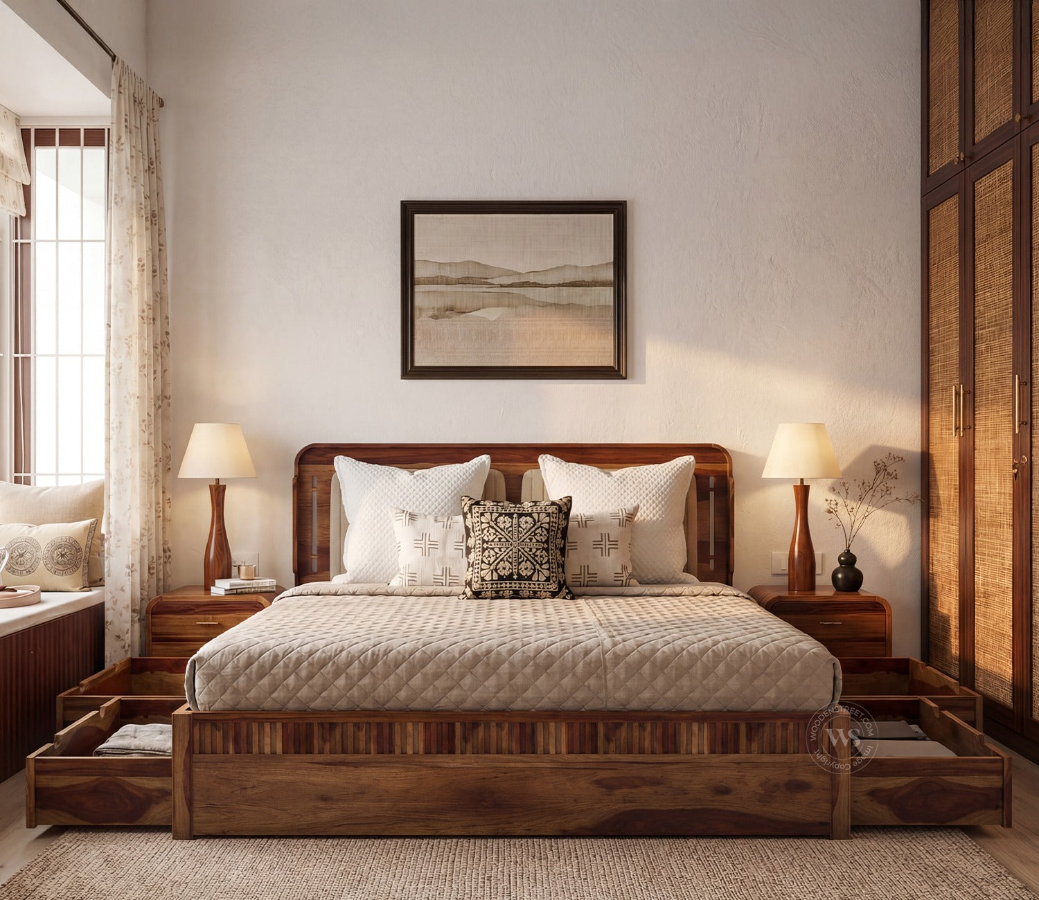 Lotus Premium Sheesham Wood Bed with Drawer Storage (King Size, Teak Finish)