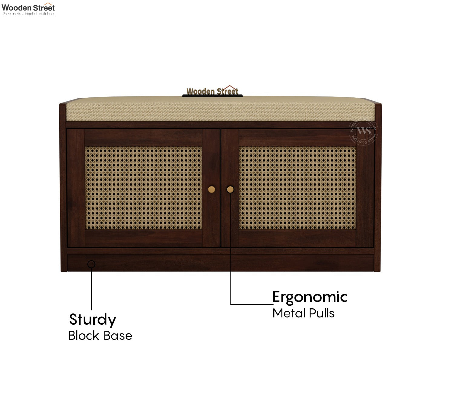 Bockle Premium Solid Wood Shoe Rack With Cane Work & Cushioned Seating (Mango Wood, Teak Finish)