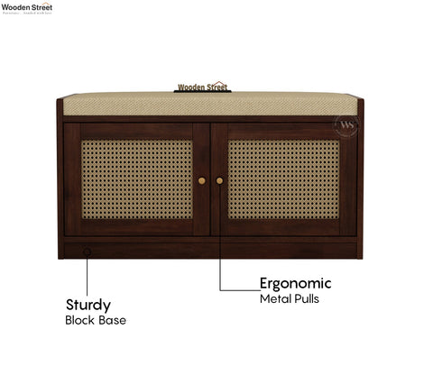 Bockle Premium Solid Wood Shoe Rack With Cane Work & Cushioned Seating (Mango Wood, Teak Finish)