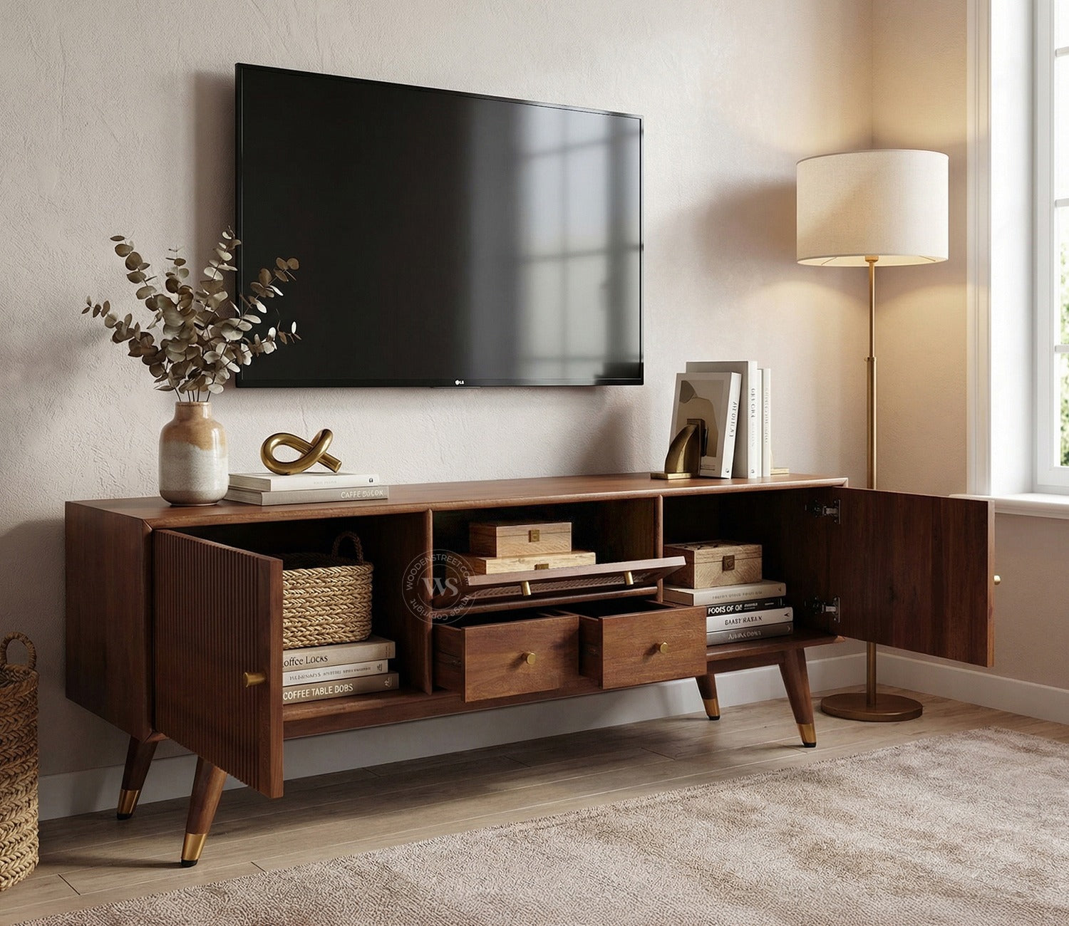 Hamona Premium Mango Wood TV Unit with Drawers And Cabinets (Teak Finish)