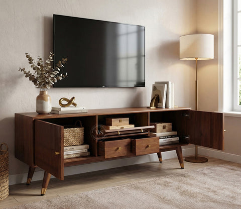 Hamona Premium Mango Wood TV Unit with Drawers And Cabinets (Teak Finish)