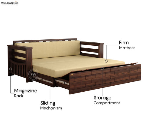 Sereta Sheesham Wood Sofa Cum Bed (Queen Size, Walnut Finish)