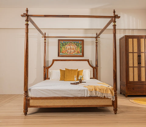 Samrat Sheesham Wood and Cane Upholstered Poster Bed Without Storage (King Size, Jade Ivory)