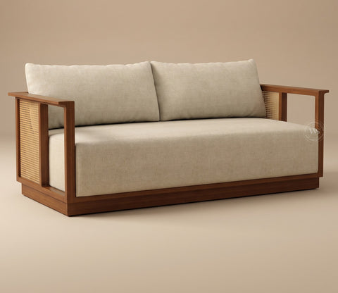 Varnik 3 Seater Ash Wood Sofa with Cane Accents (Teak Finish, Cottage Ivory)