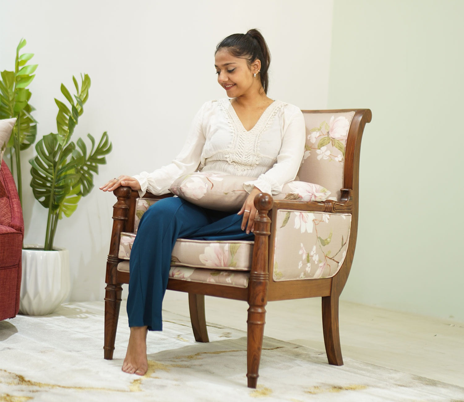 Fedrika Floral Printed Sheesham Wood Arm Chair (Cotton, Magnolia Beige)