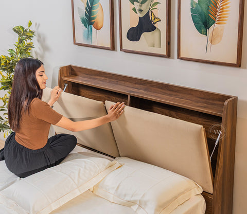 Calmora Engineered Wood Bed with Upholstered Headboard and Spacious Box Storage (Queen Size, Columbian Walnut Finish)