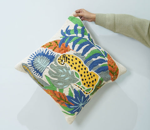 Leopard Printed Multicolor Cotton Hand Woven Set of 1 Cushion Cover (20 x 20 Inch)