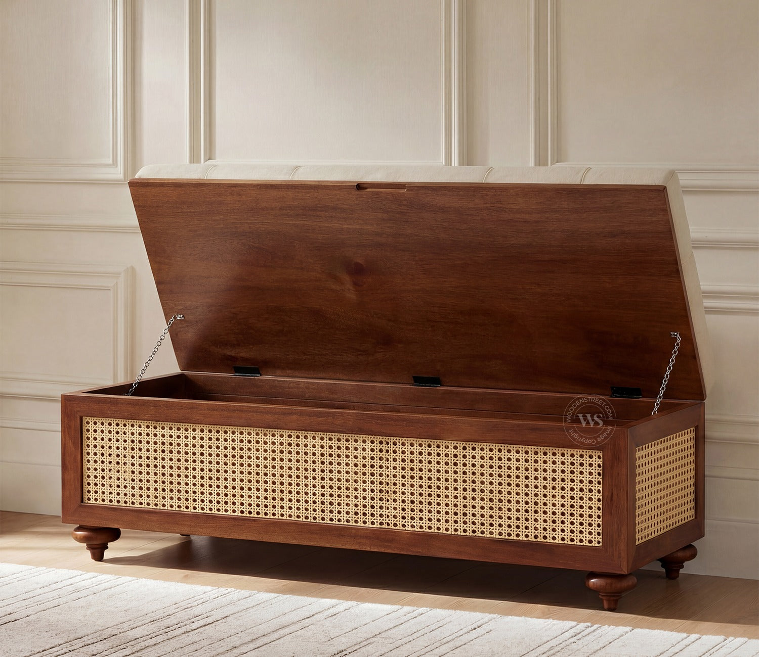 Rini Mango Wood Upholstered Bench with Cane Accent and Storage (Teak Finish, Cottage Ivory)