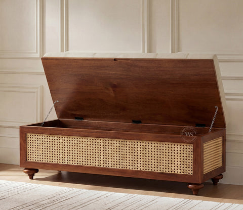 Rini Mango Wood Upholstered Bench with Cane Accent and Storage (Teak Finish, Cottage Ivory)