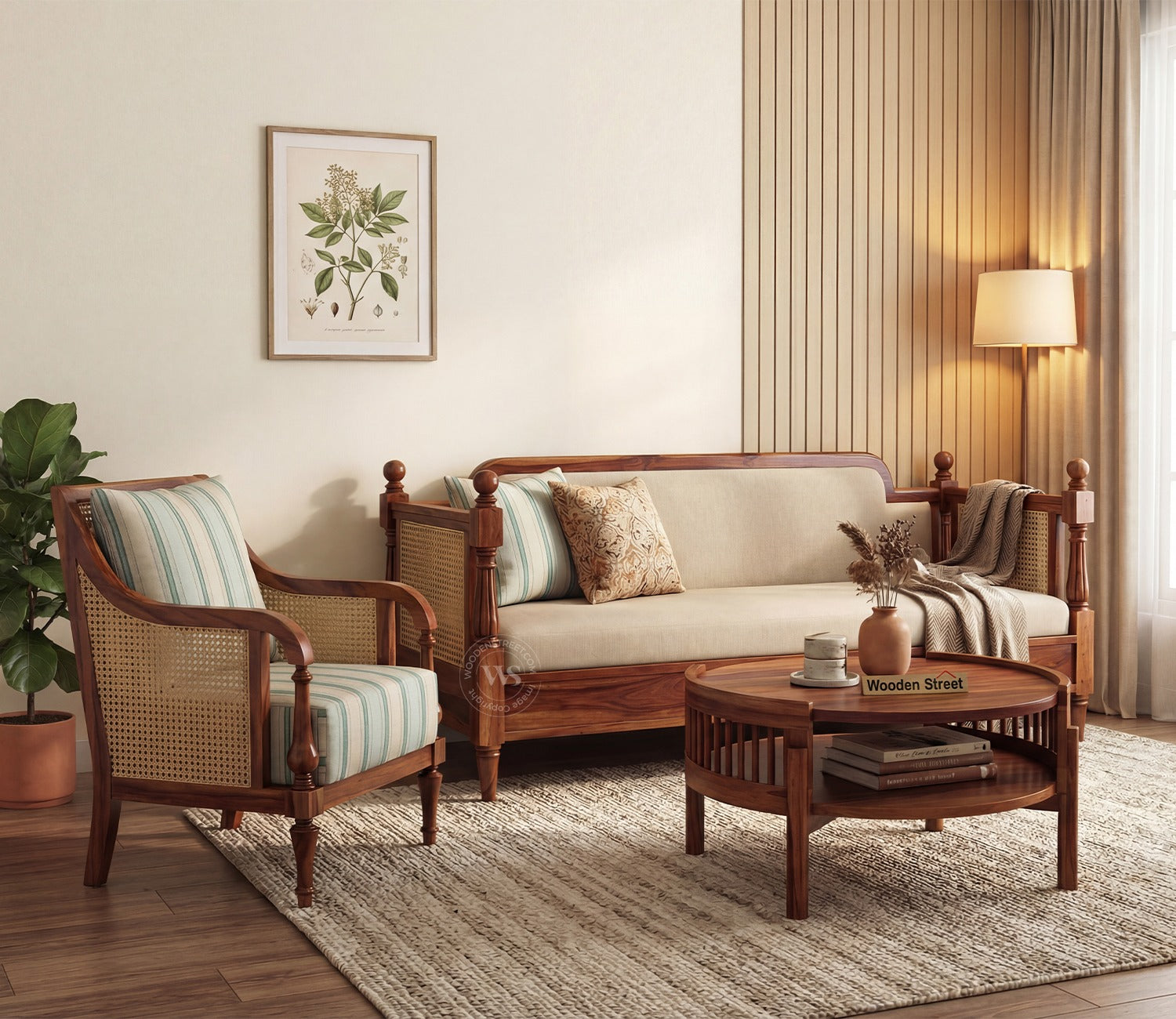 Dyuti Sheesham Wood and Cane Divan Bed with Jade Ivory Mattress (Teak Finish)
